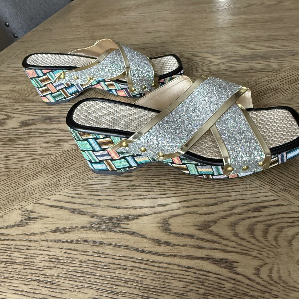 Silver Glitter Multi-Color Woven Wedge Sandals Y2K 90's Disco Square Toe Size 11 - Picture 2 of 9